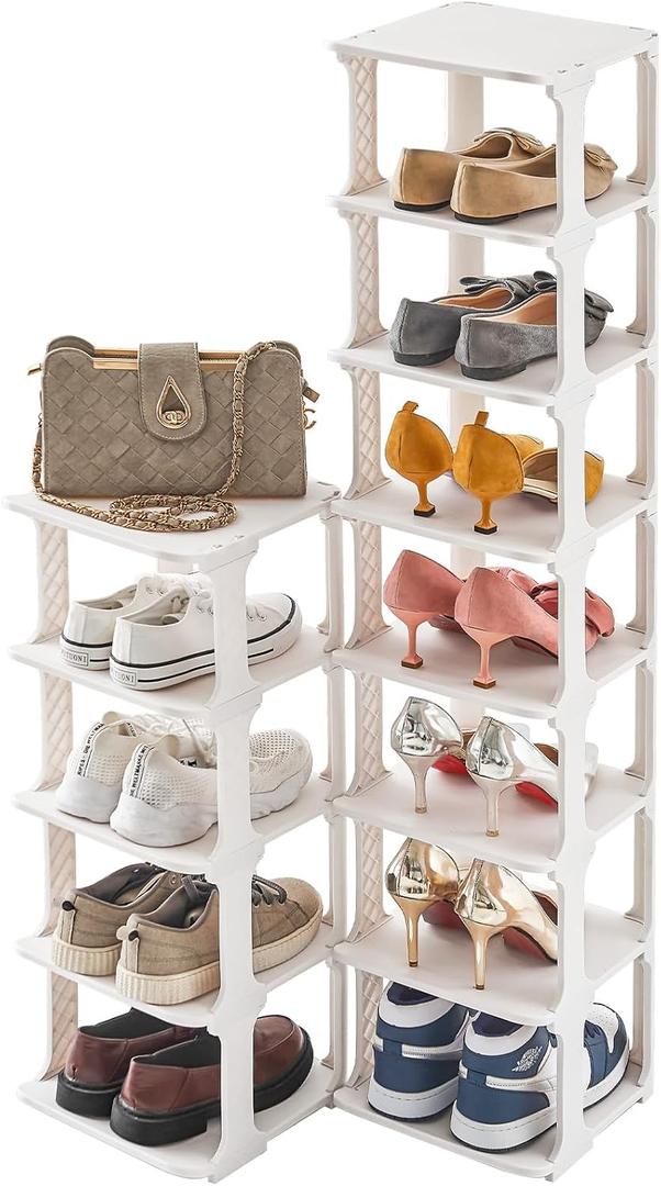 5 Tiers Shoe Rack Organizer for Closet Shoe Holder Storage Narrow Plastic Vertical, Free Standing Shoe Rack Shelf for Entryway Stackable Stability DIY, Beige
