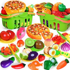 100 PCS Cutting Play Food Toy for Kids Kitchen, Pretend Food Kitchen Toys Accessories with 2 Baskets, Fake Food/Fruit/Vegetable, Christmas Birthday Gifts for 2 3 4 5 Years Old Toddlers Boys Girls (Green)