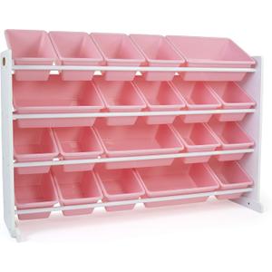 Humble Crew Extra-Large Toy Organizer with 20 Plastic Bins  Pink/White Storage Rack with 4-Tier Shelves, Anti-Tip Safety, for Kids Rooms, Playrooms, Nurseries & Classrooms