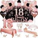 18th Birthday Decorations for Girls, 49pcs Black Rose Gold Black Banner, Tablecloth, Butterfly Decor, 18th Birthday Sash and Tiara, Cake Topper, Candles, Balloons Arch