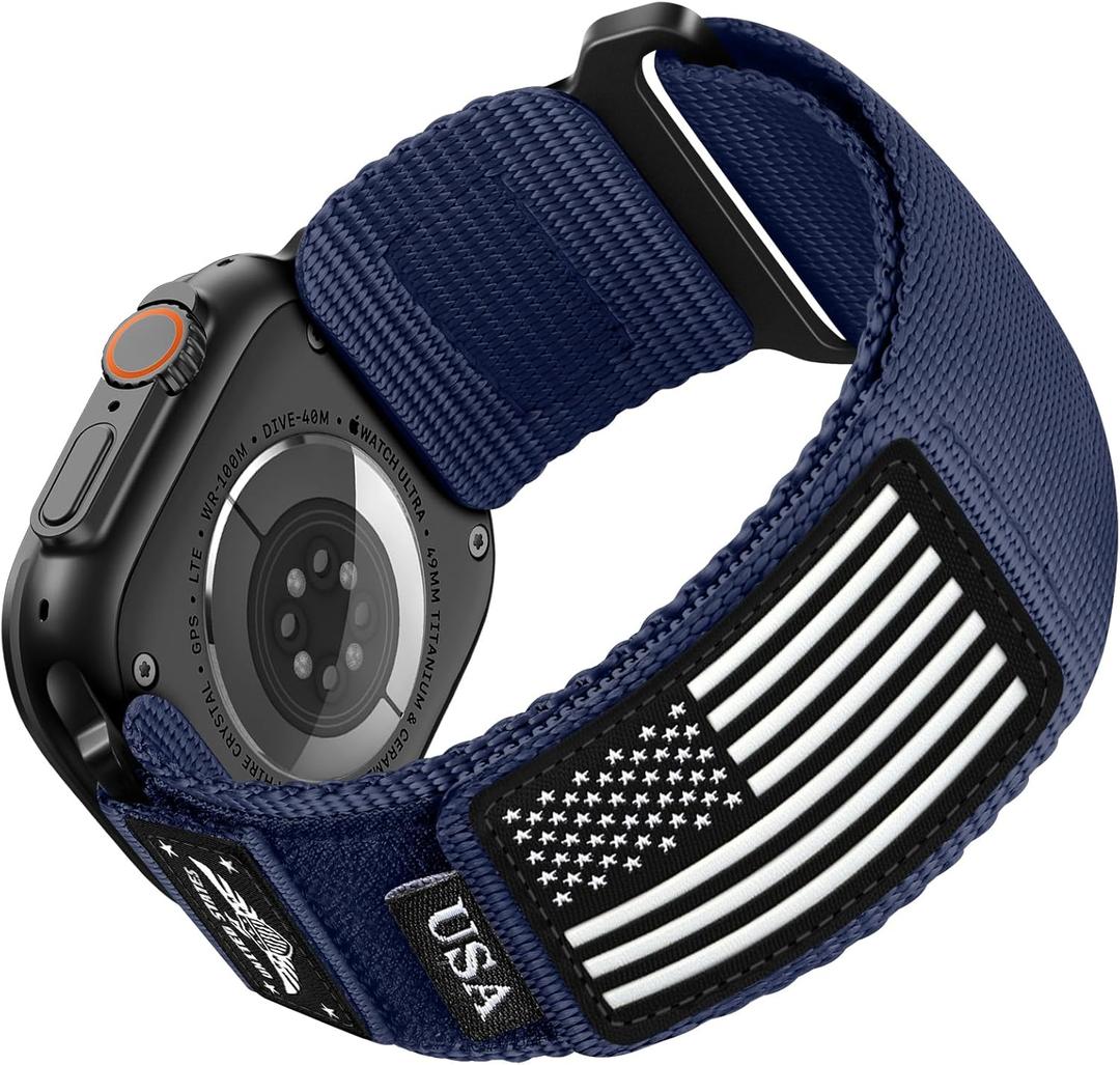 SNBLK Rugged Nylon Sport Bands Compatible with Apple Watch Band Men 49mm 46mm 45mm 44mm 42mm, Soft Woven Stars- Stripes Flag Design Strap for iWatch Bands Ultra 2/Ultra Series 10 9 8 7 6 5 4 3 2 1 SE (Navy Blue-USA Flag)