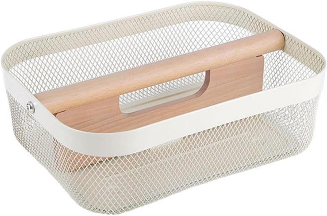AJIODA Metal Mesh Steel Storage Basket, Garden Harvest Wire Organizer Basket Multi-functional Kitchen Fruit Basket with Wooden Removable Partition & Handle for Bath Picnic Decor Cabinet, Cream White