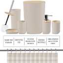 Britimes Bathroom Accessories Sets, Boho Shower Curtain Set with Trash Can, Soap Dispenser, Toilet Brush Holder, Toothbrush Holder and Toothbrush Cup for Bathroom Decor (Beige)