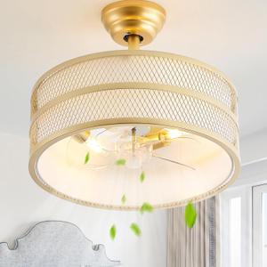 18" Gold Fandelier Ceiling Fan with Light, Fabric Boho Chandelier Ceiling Fans with Lights Remote Control, Mid-Century Modern Caged with 6 Speeds for Bedroom, Nursery