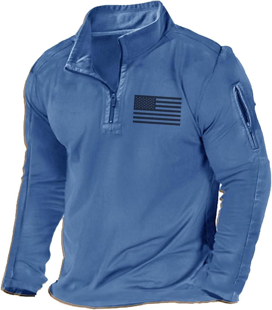 H HYFOL Men's USA Flag Graphic Pocket Pullover American Patriotic 1/4 Zip Stand Collar Long Sleeve Sweatshirts (X-Large, Sky Blue)