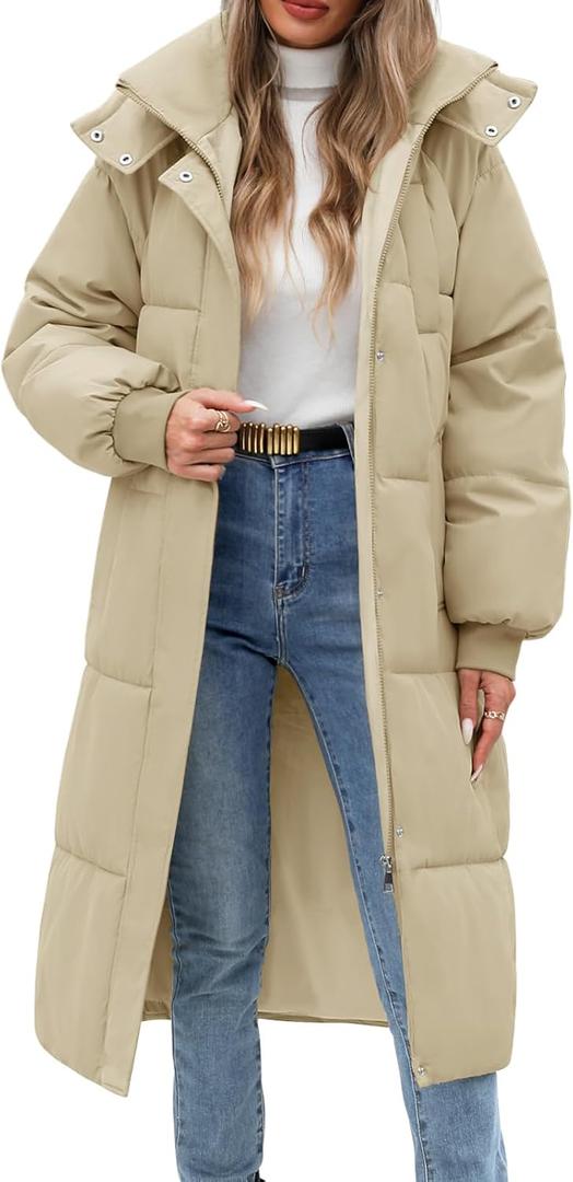 Women's Long Puffer Coat - Warm Winter Quilted Jacket Full Length Zip Up Down Coat Thickened Puffy Parka with Hood (4XL, Khaki)