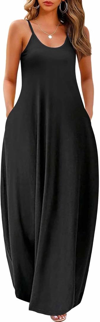 Wolddress Womens Maxi Dress with Pockets 2026 Casual Strap Plus Size Loose Plain Long Office Summer Beach Travel Dresses, XX-Large, Black