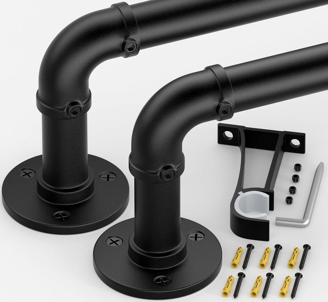 Curtain Rods for Windows 66 to 144, Black Adjustable Curtain Rods 2 Pack, Wrap Around Blackout Curtains Rod, Heavy Duty Industrial Curtains Rod, 1 Inch Indoor/Outdoor Drapery Pole 66-144"
