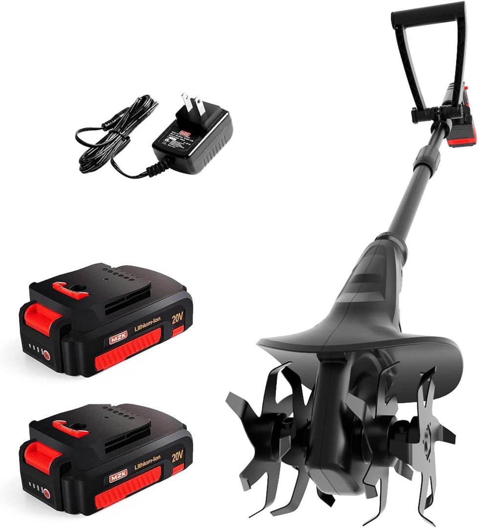 MZK 20V Cordless Tiller Cultivator with Steel Tines,7.8-inch Wide Battery Powered Garden Cultivator, 360RPM Electric Mini Tiller for Lawn/Gardening/Soil Cultivation(2 * 2AH Battery&Charger Included)