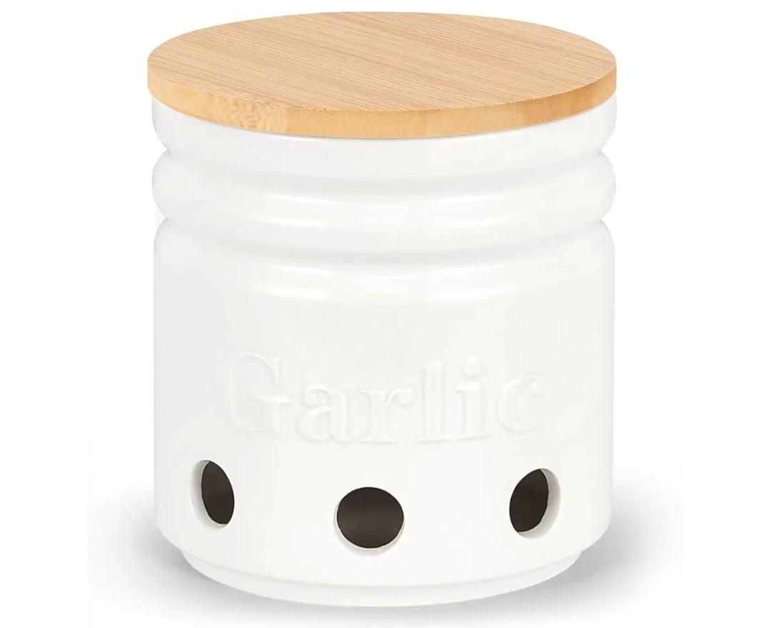 Garlic Keeper for Counter - Garlic Holder with Bamboo Lid,Garlic Container to Keep Your Garlic Cloves Fresh Longer,Large Ceramic Garlic Storage for Kitchen, White