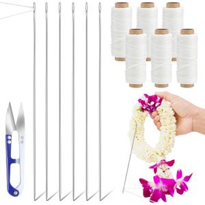 Leriton 13 Pcs Lei Needle Kit, 6 Pcs 14'' Stainless Steel Long Needle Fot Hawaiian Leis 6 Twine 1 Sewing Scissors Making Kit for DIY Graduation Hawaiian Flower Wreath Craft Accessory