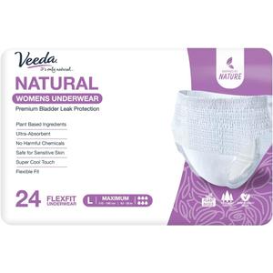 Veeda Natural Adult Incontinence Underwear for Women - Postpartum Underwear for Bladder Leakage Protection - Disposable Underwear with Maximum Absorbency - Large Size - 24 Count