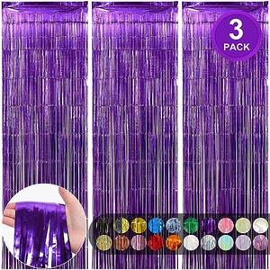 RUBFAC 3pcs 3.3x8.2 Feet Purple Fringe Backdrop Curtains,Tinsel Streamers Birthday Party Decorations,Fringe Backdrop for Birthday Decorations Butterfly Party Decor, Set of 5