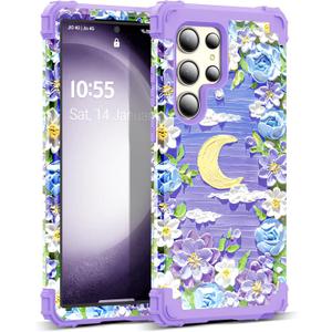 for Galaxy S23 Ultra Case,3 in 1 Oil Painting Flower Pattern Heavy Duty Shockproof Protection Silicone Rubber Bumper+Hard Plastic Protective Cover for Samsung S23 Ultra 6.8",Purple/Yellow