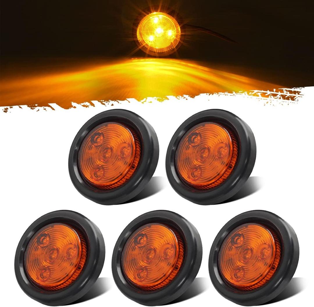 Partsam 5pcs 2" Amber Round Sealed Clearance Side Marker Light [DOT Approved] 4 LED Mount Grommet/Pigtails for Trailer Truck Camper RV