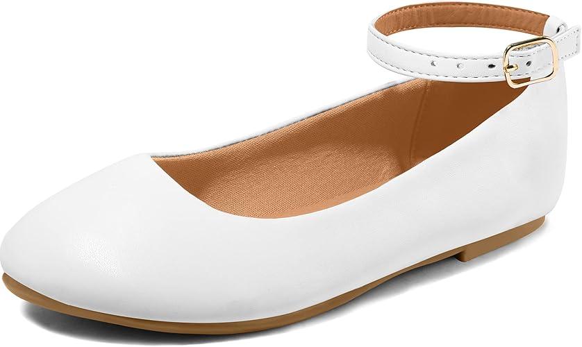 K KomForme Girl's Ballerina Flat Ankle Strap Dress Ballet Flat Shoes, 13 Little Kid, White