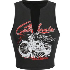 SOLY HUX Women's Letter Graphic Tank Top Notched V Neck Sleeveless Summer Crop Tops Streetwear (Dark Grey Motorcycle)