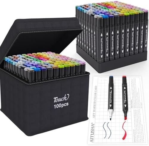 AITUSHA 100 Colors Alcohol Markers Set, Dual Tips Blender Art Markers for Drawing, Permanent Sketch Marker for Kids adult coloring, Alcohol Based Marker, Adults Coloring and Artist Illustration.