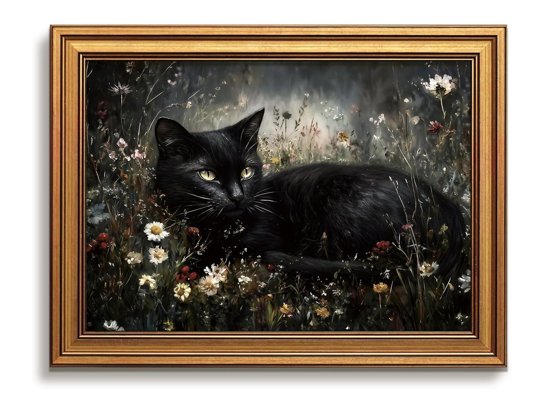 Vintage Gold Framed Black Cat Wall Art Dark Cottagecore Painting 16x24 Inch