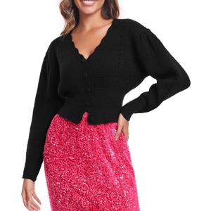 Women's Puff Short Sleeve Sweater V-Neck Button Knit Tops Crochet Soft Knitwear (X-Large, Long Black)