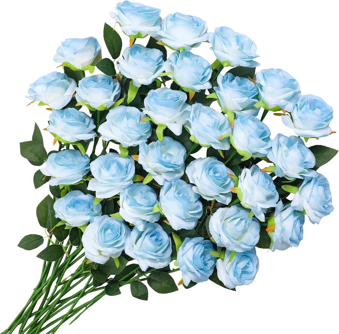 68 Pcs Ice Blue Artificial Roses Fake Flowers, Silk Flowers with Stems for DIY Wedding Bridal Shower Centerpieces Arrangements Tables Decorations