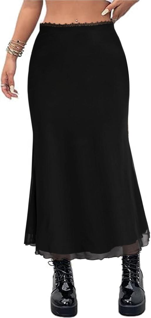 Avanova Women Mesh Long Skirts High Waisted Mermaid Bodycon Spring Midi Casual Skirts Black Solid, Small