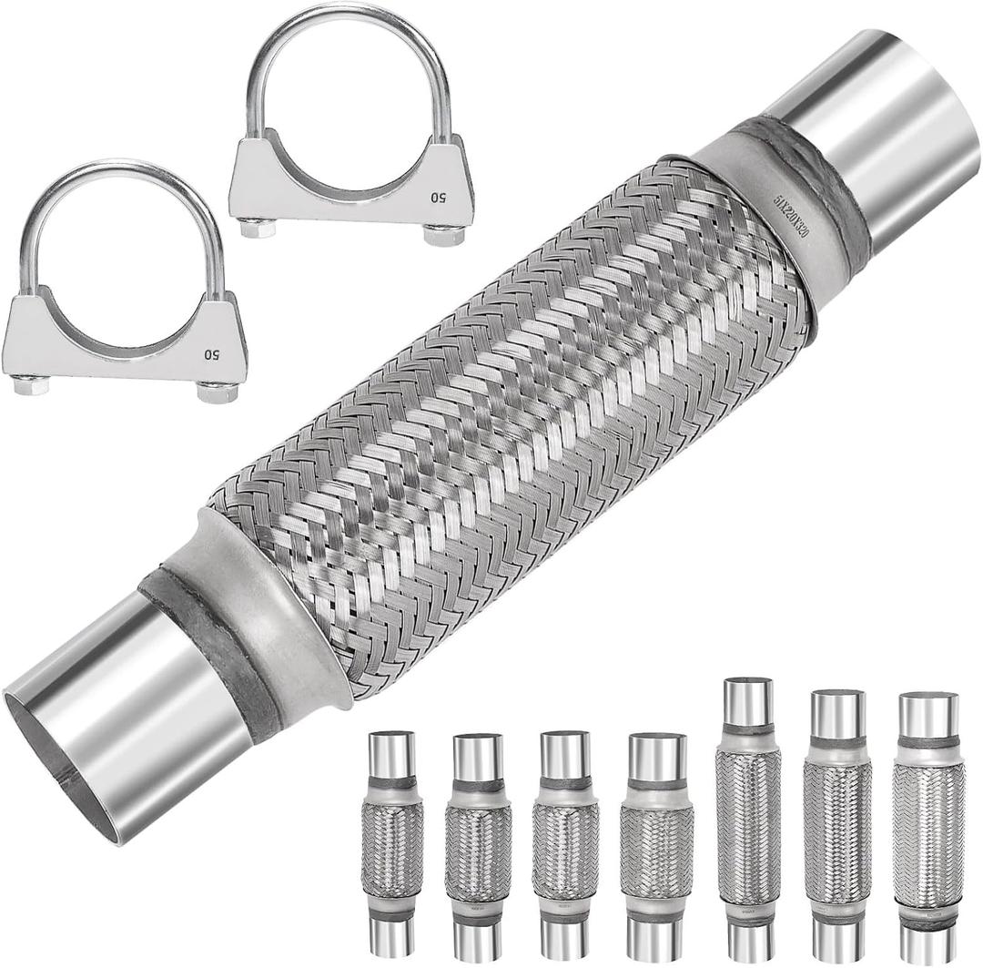 3Pcs Exhaust Flex Pipe Heavy Duty Stainless Steel Exhaust Flex Pipe Double Braid Exhaust Flex Tube U-Bolt Clamp Stainless Steel Muffler U-Bolt Clamps for Cars Trucks Buses Pipes(2" x 8" x 12")