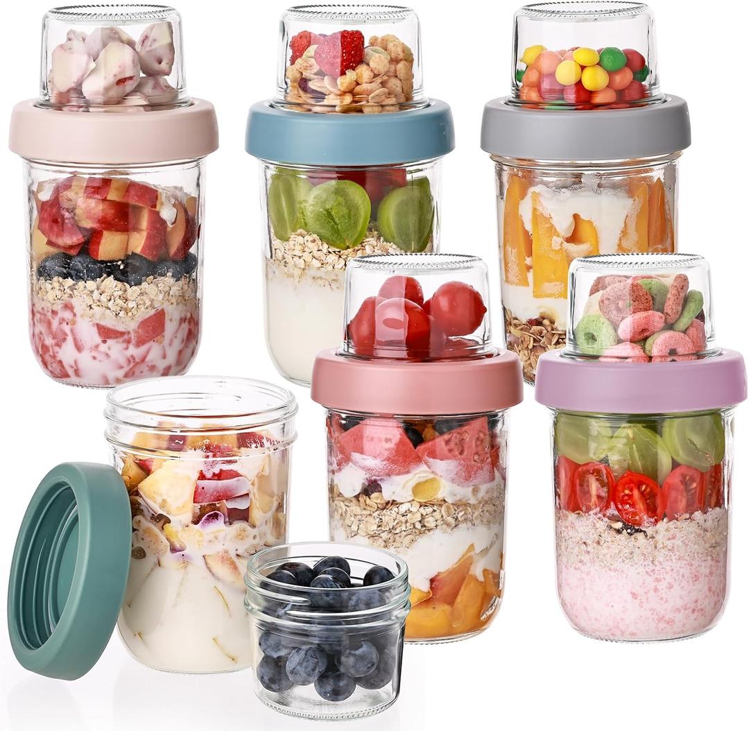 Wells 6 Pack Overnight Oats Containers with Lids, 16 OZ Dual Layer Yogurt Containers with Dry and Wet Separation, Airtight Leak Proof Oatmeal Jar for Chia Pudding, Breakfast, Cereal