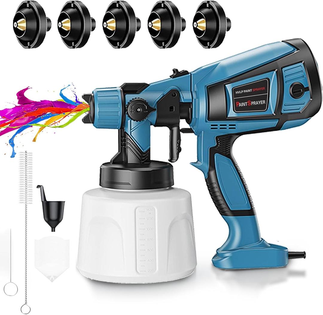 TOPALL Blue Paint Sprayer Tools,850W 32000PRM 1400ML HVLP Upgraded Spray Gun Paint with 5 Nozzles and 3 Patterns, Paint Sprayer for House Painting,Fences and Sheds,Sheds,Walls,Furniture,Ceiling