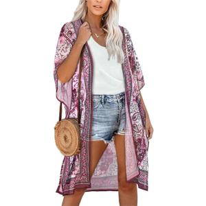 Women's Kimono Beach Cover up for Summer Bathing Suits Cardigans Casual Loose Swimwear (Large, Purple Paisley Print)