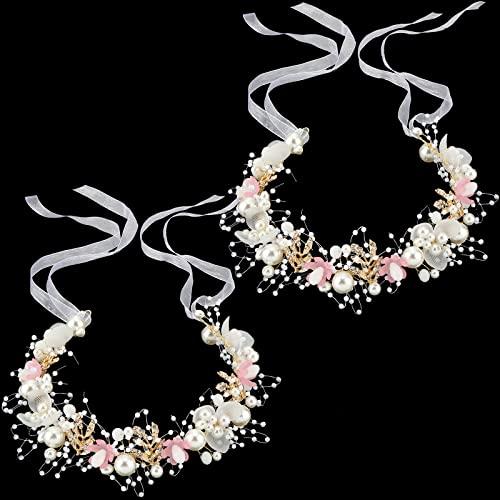 Retrowavy 2 Pcs Flower Girl Headpiece Rhinestone Crystal Wedding Headband Bridal Flower Headband for Girls Baby Hair (Pink)