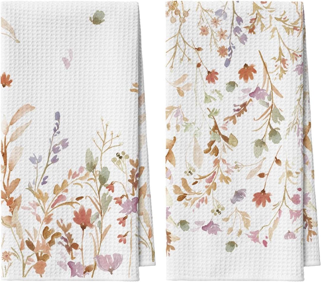 Artoid Mode Flowers Wildflower Fall Kitchen Towels Dish Towels, 18x26 Inch Quick Dry Microfiber Cloth Hand Towels for Kitchen Drying Set of 2 (Beige)