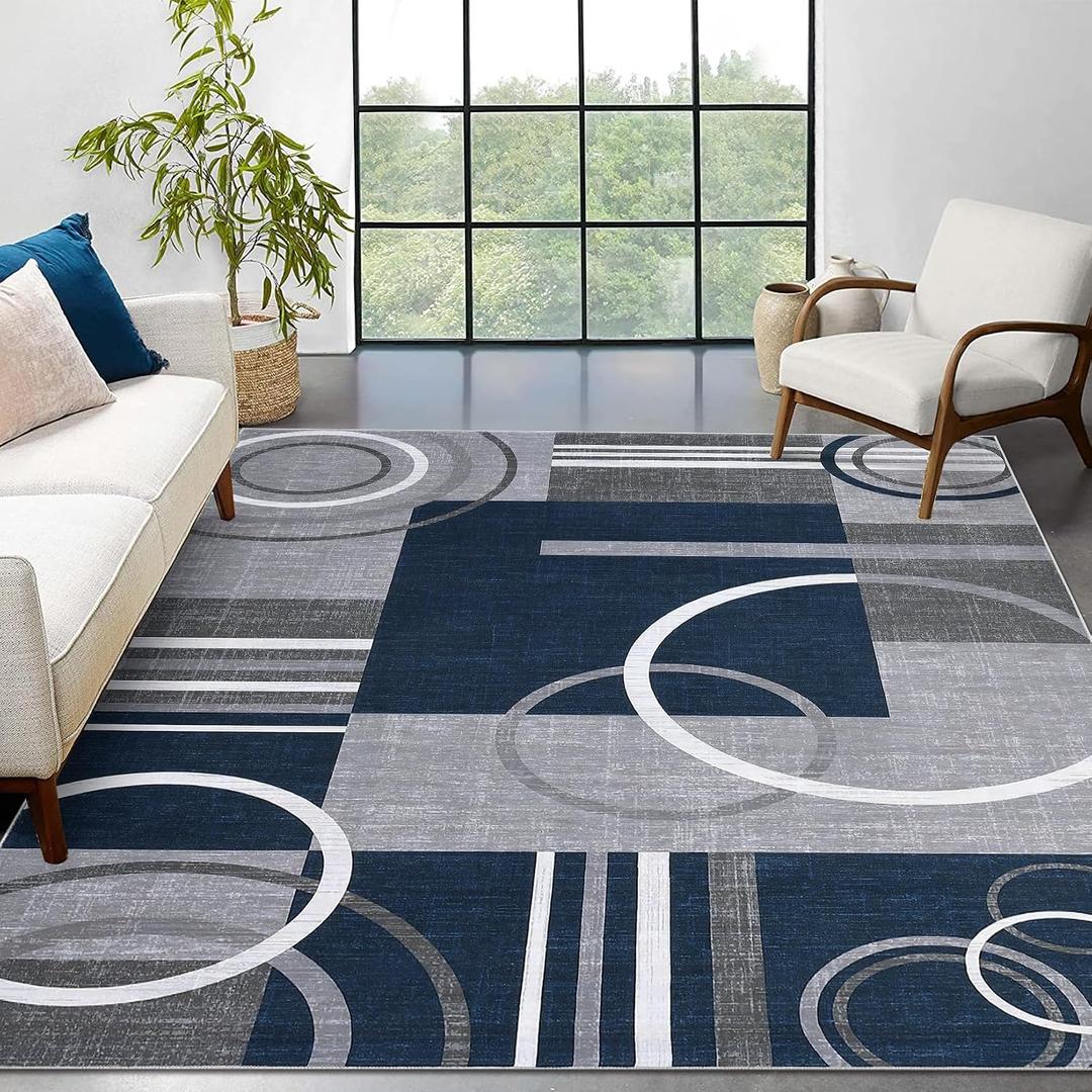 RUGSREAL 10x13 Rugs for Living Room Washable Rug Abstract Circles Rug Contemporary Modern Area Rugs Stain Resistant Low Pile Throw Carpet for Bedroom Home Decor, Navy