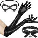 PARTY TONIGHT Halloween Cat Costume Accessories, 4PCS Cosplay Costumes for Women, Black Cat Eye Masquerade Mask, Long Gloves and Bell Choker Necklace Outfits