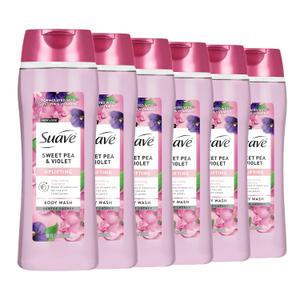 Suave Moisturizing Body Wash, with Sweet Pea Violet and Vitamin E Extract, No Parabens, No Phtahaltes, 18 Oz, Pack of 6