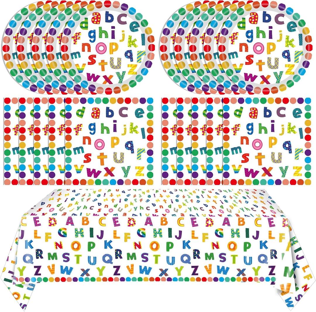 41Pcs Colorful ABC Birthday Party Decorations Alphabet Colorful Party Supplies ABC Rainbow Dots Plates Napkins TableclothKids Birthday Educations Party Classroom First Day School Party,Serv 20