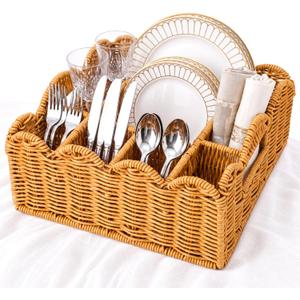 Hushee Wicker Utensil Caddy for Party, Silverware Caddy Paper Plate Holders 6 Compartment Scalloped Square Woven Cutlery Dispenser for Kitchen Countertop Outdoor Entertaining Picnic Buffet Coffee Bar