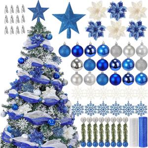 75 Pcs Christmas Tree Decoration Set Gift Christmas Ball Ornament Star Tree Topper Glitter Poinsettia Flowers Hanging Snowflakes Mesh Ribbon Bendable Ties for Xmas Holiday Party(Blue)