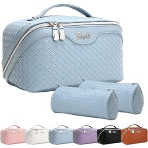 BOYATU Travel Makeup Bags for Women: Large Makeup Organizer - PU Leather Make up Bag Set of 3 - Portable Toiletry Bag with Compartments & Handle & Divider (L02 Light Blue)
