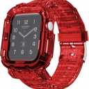 Updated Large Wrists Compatible for Apple Watch Bands Case 45mm 41mm 44mm 42mm 40mm 38mm, Crystal Clear Transparent integrated Bumper Sports Wristband Strap iWatch Series 9 8 7 6 SE 5 4 3 2 1 (45mm/44mm/42mm, Crystal Red)