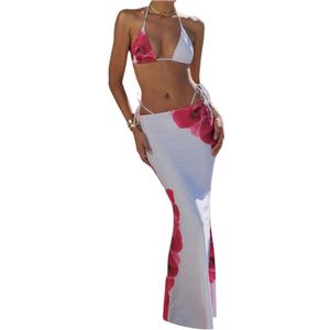 Verdusa Women's 3 Piece Floral Print Bikini Sets Swimsuit with Mesh Maxi Skirt (White and Red, Small)