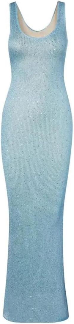 YELLOOP Knit Maxi Dress Long Bodycon Dresses Old Money Elegant Cocktail Dress Long Sweaters Dress Y2k (Blue,Large)
