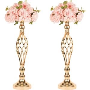 LANLONG 2pcs Metal Gold Candle Holders Road Lead Table Centerpiece Stand Pillar Candlestick for Wedding Candelabra Flowers Vases (2M)