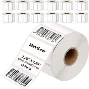 MaxGear 2.25" X 1.25" Direct Thermal Labels, Perforated UPC Barcode & FBA Address Stickers, Premium Permanent Adhesive Shipping Labels, Compatible with Rollo & Zebra (12 Rolls, 1000 Pcs/Roll)