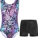 Nymphperi Girls Gymnastics Leotards 2 Piece Shiny Sleeveless Bodysuits with Sparkly Breathable Shorts Suit