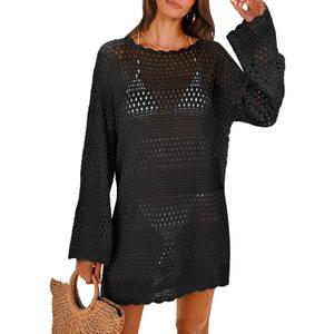 ANRABESS Women Swimsuit Crochet Swim Cover Up 2026 Summer Bathing Suit Swimwear Mesh Knit Beach Dress Vacation Outfits (Medium, Black)