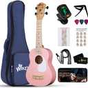WINZZ Soprano Ukulele for Beginners, 21 Inch Hawaiian Wood Ukelele Kit for Kids Adult Student Starter, Professional Uke Pack Bundle w/Free Lessons, Case, Pickguard, Capo, Strap, Picks, Pink