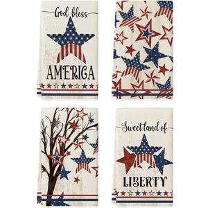 Artoid Mode America Stars Tree Patriotic 4th of July Kitchen Towels Dish Towels, 18x26 Inch Farmhouse Memorial Day Decoration Hand Towels Set of 4