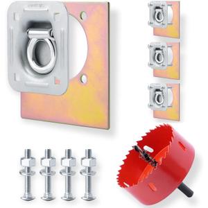 SPARKWHIZ Recessed D-Ring Tie Down Anchor Kit, 4 Pack Trailer D Ring Tie Down Anchor Heavy Duty with Hole Saw Drill for Trailer Cargo Truck Flatbed Pickup (6,000 lb. Capacity)