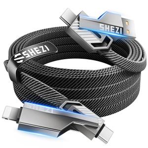 [Upgraded 2.0] SHEZI 4-in-1 Long USB C Cable 60W 10FT Lightning Cable MFI Certified [Fast Charging&Data Sync] Flat Braided Multi Charger Cord Wire Combo with L/USB C/A Port for iPhone/iPad&All Devices (Grey)